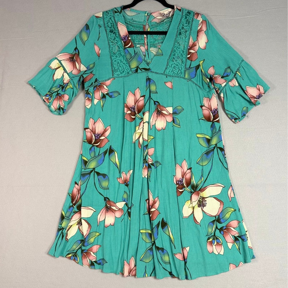 Oddi Floral Boho Mini Dress Sm Lace Trim Bell Sleeve Cottagecore Romantic Fairy